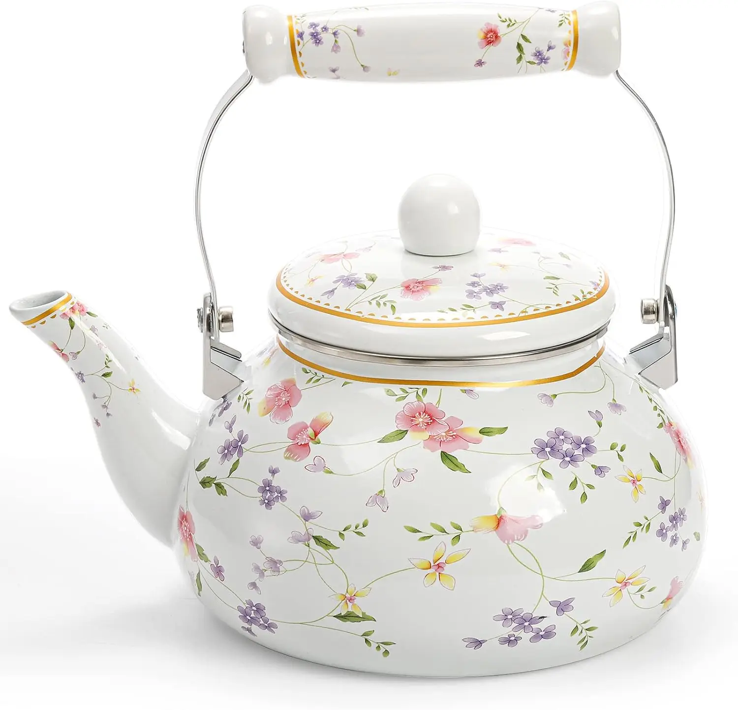 

Vintage Enamel Tea Kettle, 2.6 Quart Floral Enamel Water Kettle Teapot with Porcelain Handle for Stovetop Home Kitchen Camping,