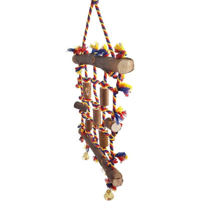 Bird Swings, Wooden Ladder Swing Hammock Cotton Rope for Parrots Climbing Chewing Pet Cage Hanging Toy