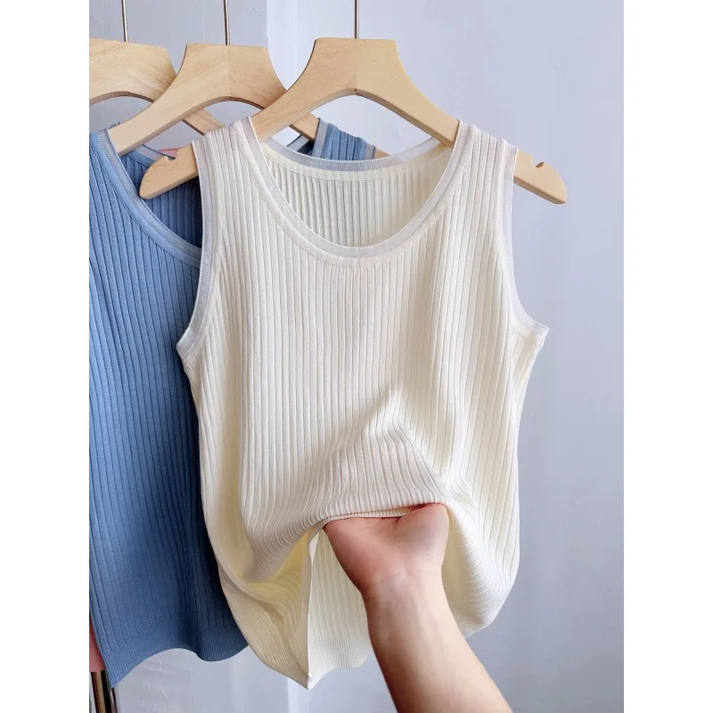 

White Ice Silk Knitted Strap Vest Women Casual Thin round Ne Svel Top Base irt Suit Inner Wear Polyester Fiber