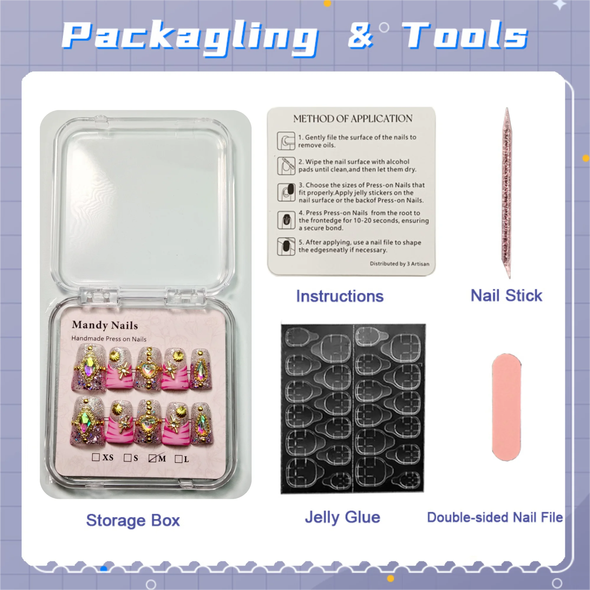 10 pezzi di unghie finte, stile fata di lusso, glitter rosa-argento, conchiglia e gemme, strass 3D, fatte a mano