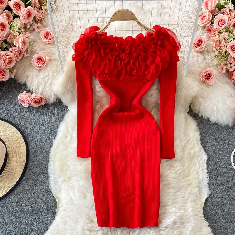 Chic Slash Neck Off Shouler Bodycon Knit Dress Long Sleeve Women Elegant Korean Fashion Vestidos Summer Hip Wrap Dress