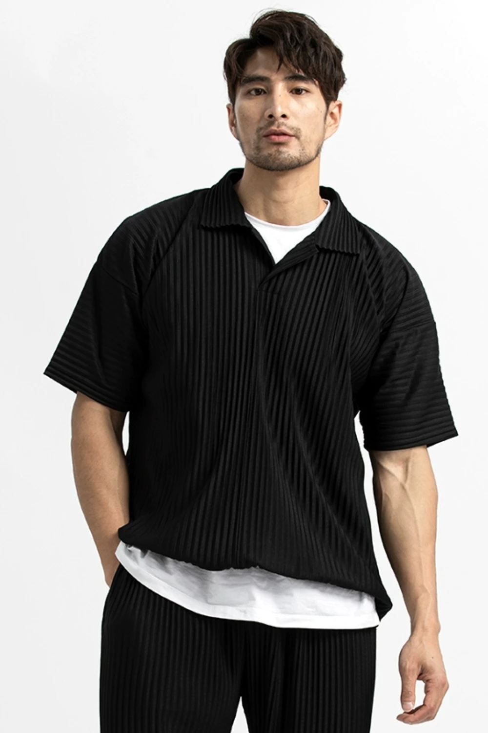 Miyake Pleated Men Polo Shirt Short-sleeved Lapel T Shirt Breathable Loose Casual Plain Top Miyake Men