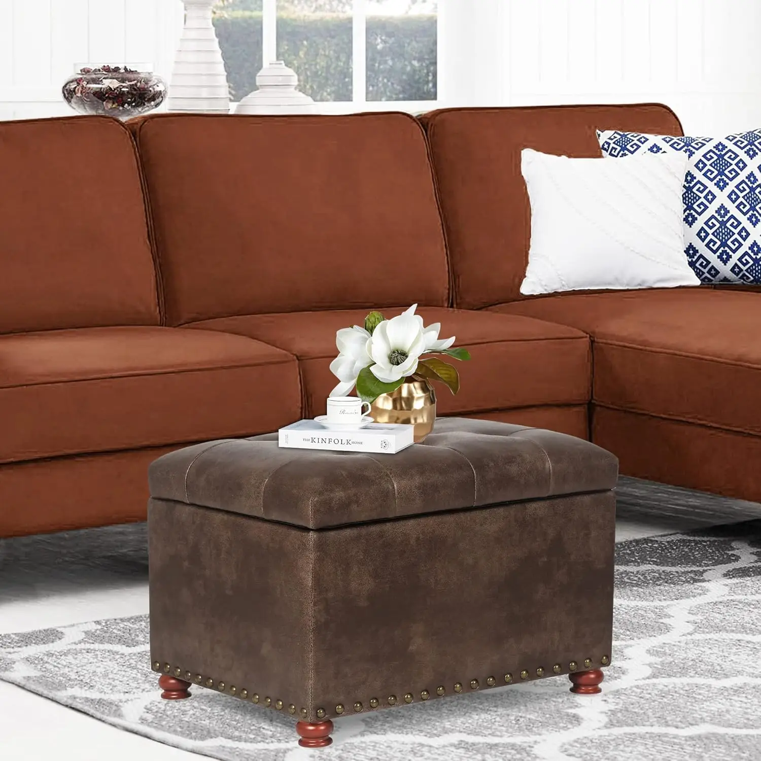 Storage Ottoman Rectangular Tufted Upholstered Ottomans with Rivet, Footrest Seat with Wood Legs, Footstool