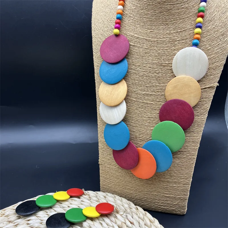 Statement Africa Nigera Style Colorful Round Wood Necklace Earrings Set Bohemian Long Wooden Disc Necklace For Women