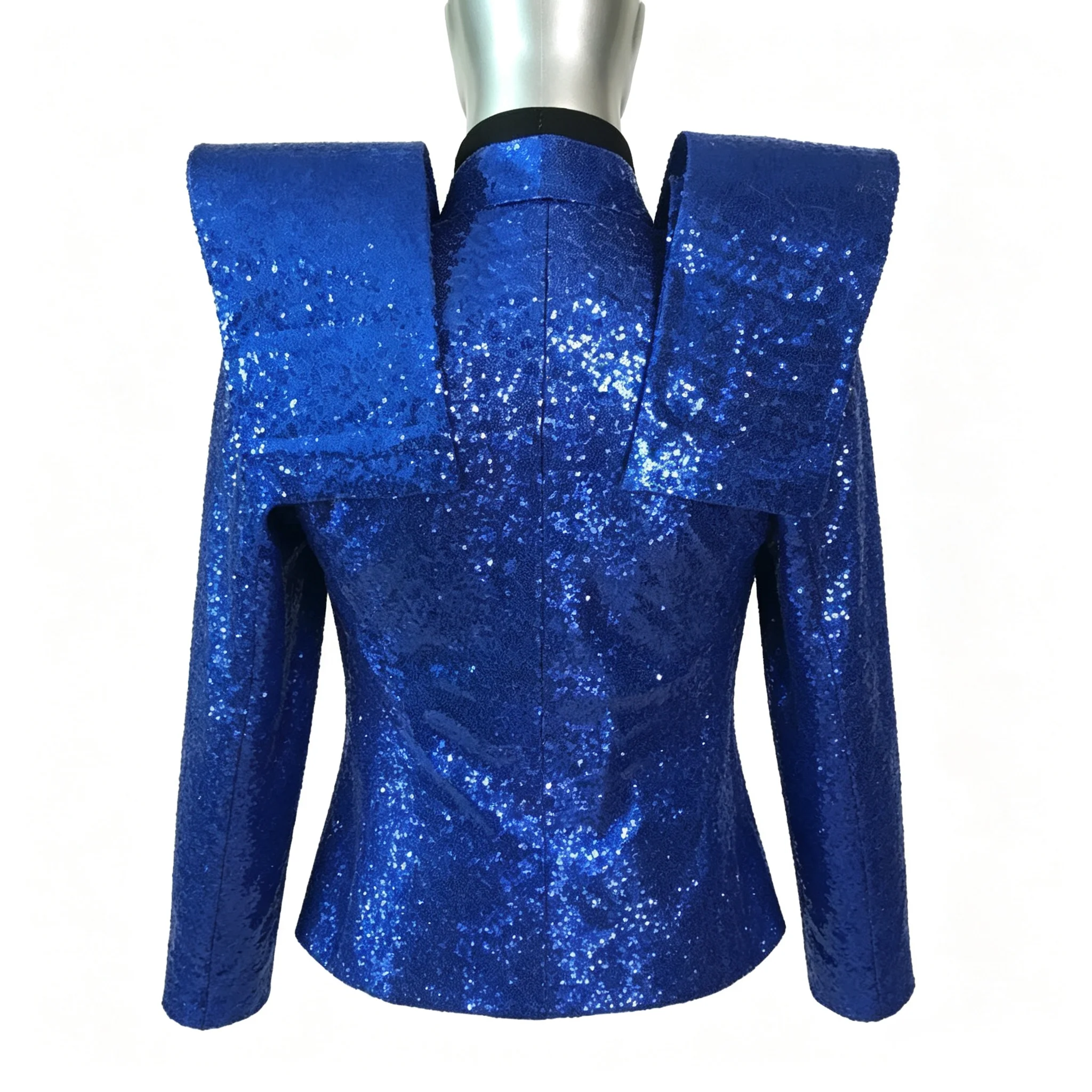 Men Royal Blue Sequin Stage Jacket Silver Triangle Rhinestone Decor Shoulder Pads Zipper Slim Fit Singer Performance Nightclub