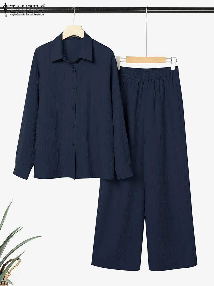 

ZANZEA Street Fashion 2 Pieces Sets Oversized Long Sleeve Shirts & Wide Leg Pants 2pcs Suits Outfit Women Crinkled Pant Sets