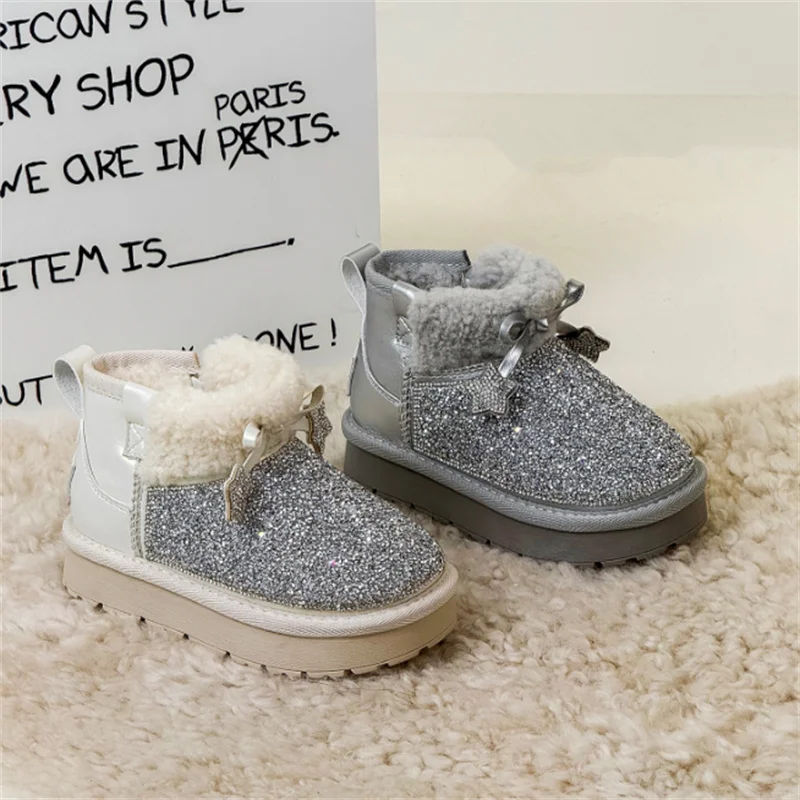 

2025 Winter Children Snow Boots Leather Bling Bling Warm Plush Zip Side Non-slip Fashion Kids Cotton Shoes EU22-30