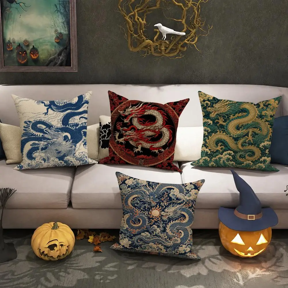 Vintage Dragon Pattern Art Cushion Cover Halloween decoration trick or treat cushion cover, ghost, pumpkin head, bat decoration