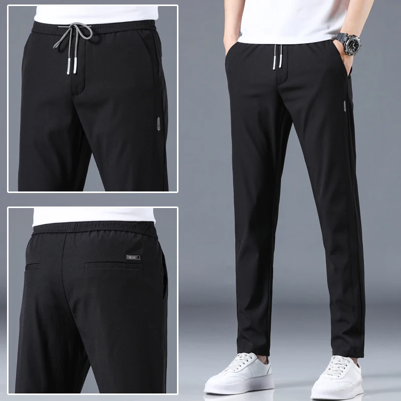 

2024 Men's Summer Ultra thin Ice Silk Pants Quick drying Sports Casual Pants Cool and Breathable Drawstring Feet Pants