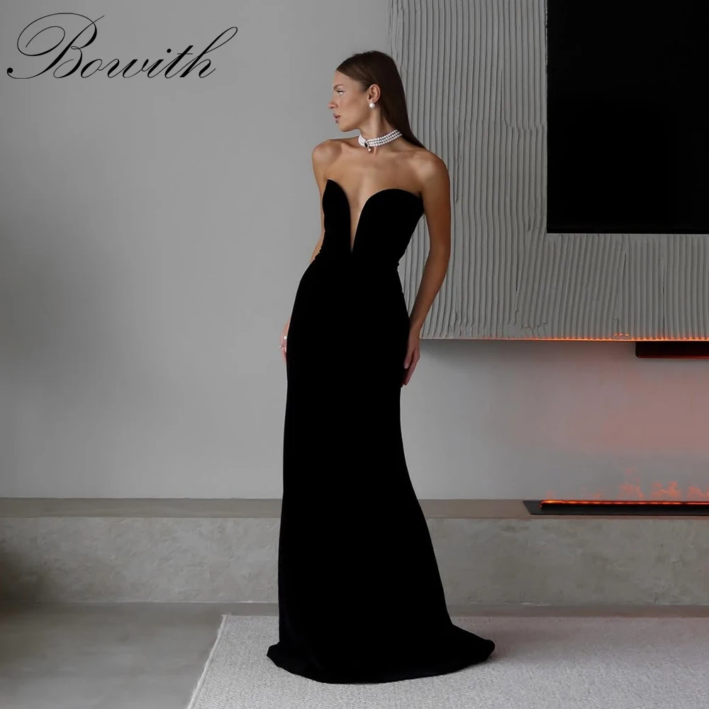 

Bowith Mermaid Black Evening Dresses Deep V-Neck Strapless Party Dresses Customized Prom Dress vestidos de fiesta
