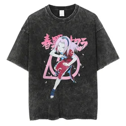 Harajuku Streetwear Washed T-Shirt Anime Naruto Graphic Print T Shirt Summer Cotton Tshirt Men Short Sleeve Vintage Tees Tops