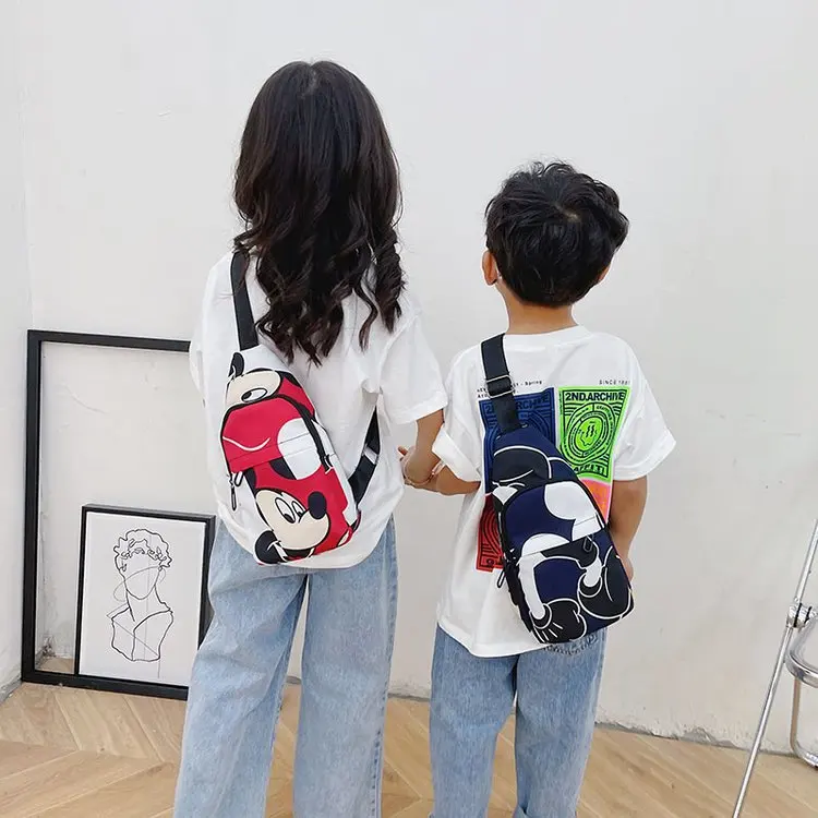 Bolsos de pecho de moda para niños, bolsos cruzados pequeños de un hombro para niños, bolsos de cinturón de lona suaves con estampado de Mickey, personalidad de moda para exteriores