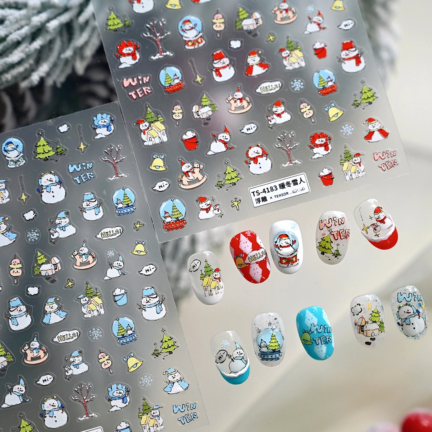 

Red Blue Snowman Bucket Tree Snowflakes Love Heart Christmas Dog Star Apple Cat Santa Claus Crystal Ball Nail Art Stickers Decal
