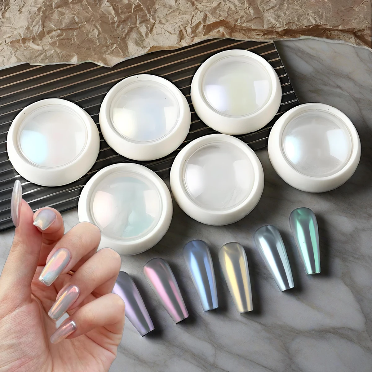 1 Satz 6 Stück Nail Art Aurora Pulver Zauberspiegel Pulver Perlweiß Reibungslaser mit Nagellack Gel Kreation Dekoration Y2K