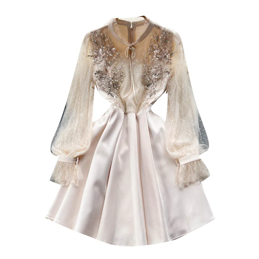 Spring and Autumn Palace Style Luxury Designer Heavy Work Nailed Beads High Waist Slim Spliced Mesh Dress Fairy French Dress