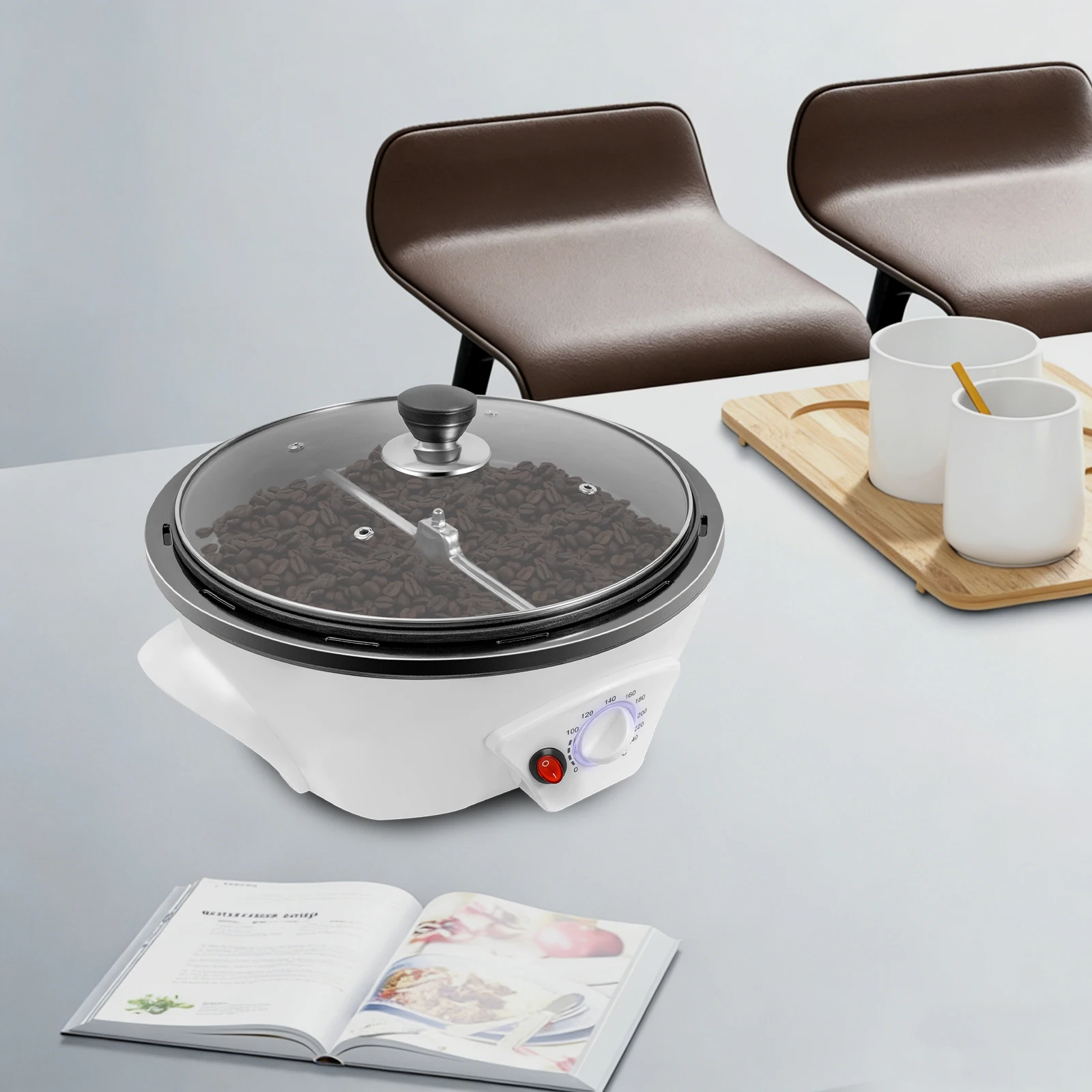 

800W White Coffee Bean Baking Machine,Round PP Coffee Roaster Tabletop Mount 32*12cm for Beginners and Coffee Enthusiasts