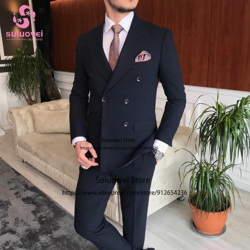 

Fashion Double Breasted Tuxedo Slim Fit 2 Piece Jacket Vest Pants Set Business Blazer Formal Groom Wedding Party Suits For Men