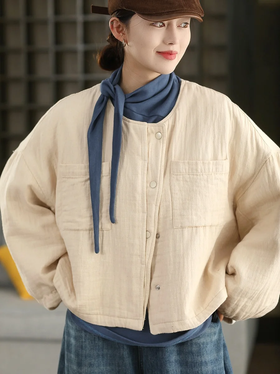 

Ретро-куртка из хлопка с круглым вырезом, на одной пуговице, теплая верхняя одежда из чистого хлопка, тонкая хлопковая куртка для повседневной носки, зимнее пальто