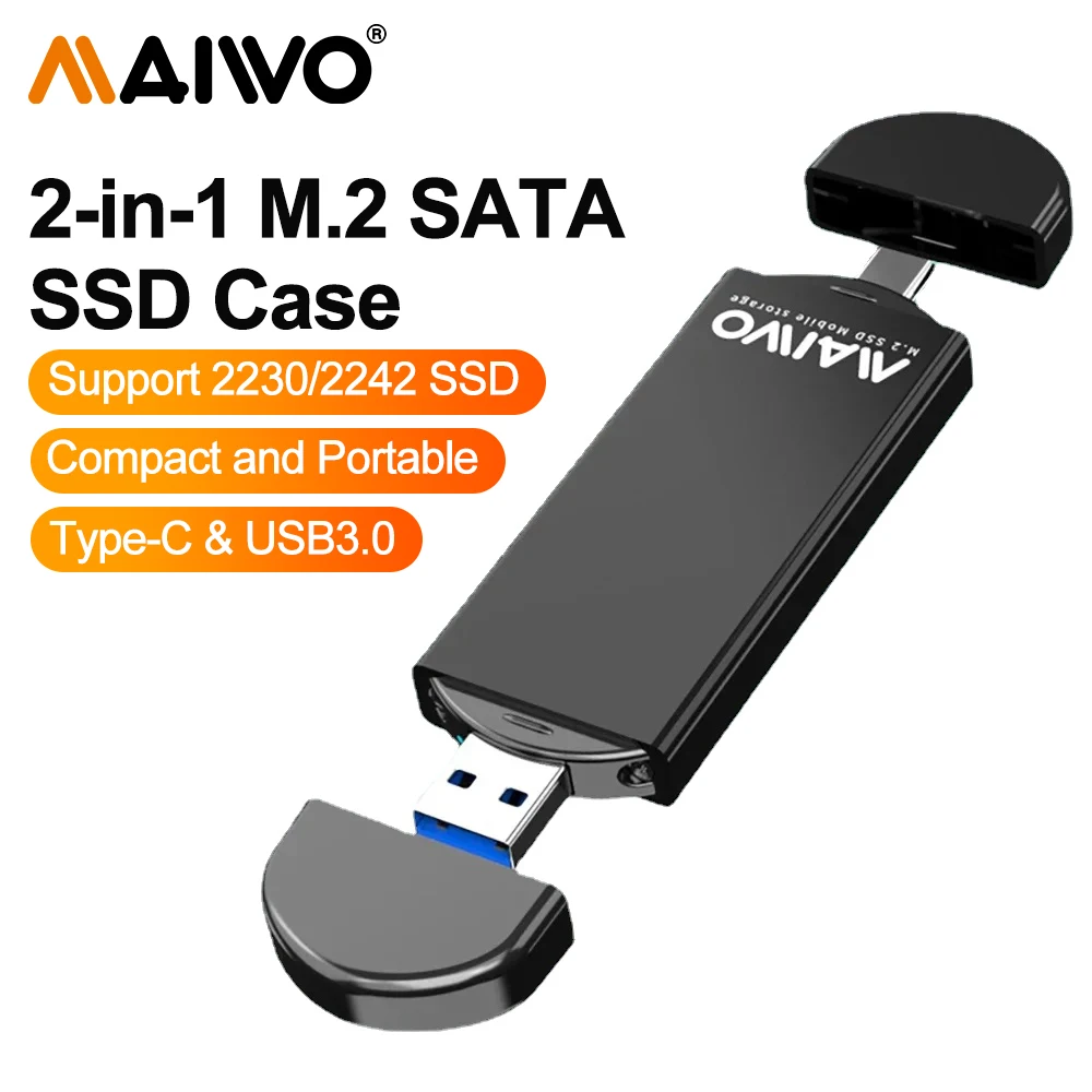 

MAIWO Aluminum M.2 SATA SSD Enclosure 2-in-1 Type-C/USB3.0 Solid State Drive Case Laptop Mini External Case for B+M key M2 SSD