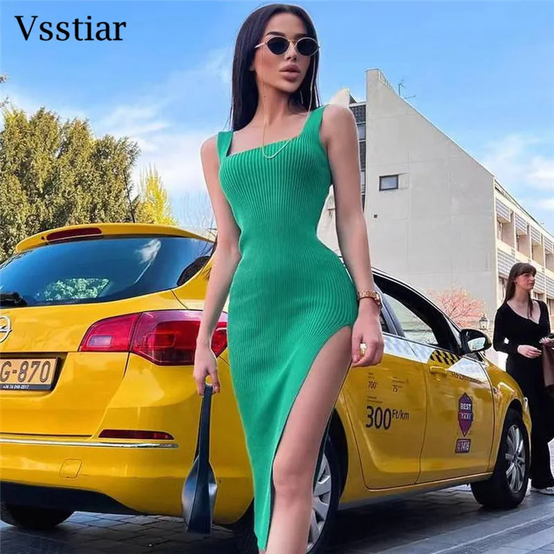 Vsstiar Square Collar Woman Dress Streetwear Black Concise Solid Slit Sexy Bodycon Summer Knitted Midi Dresses for Women Party