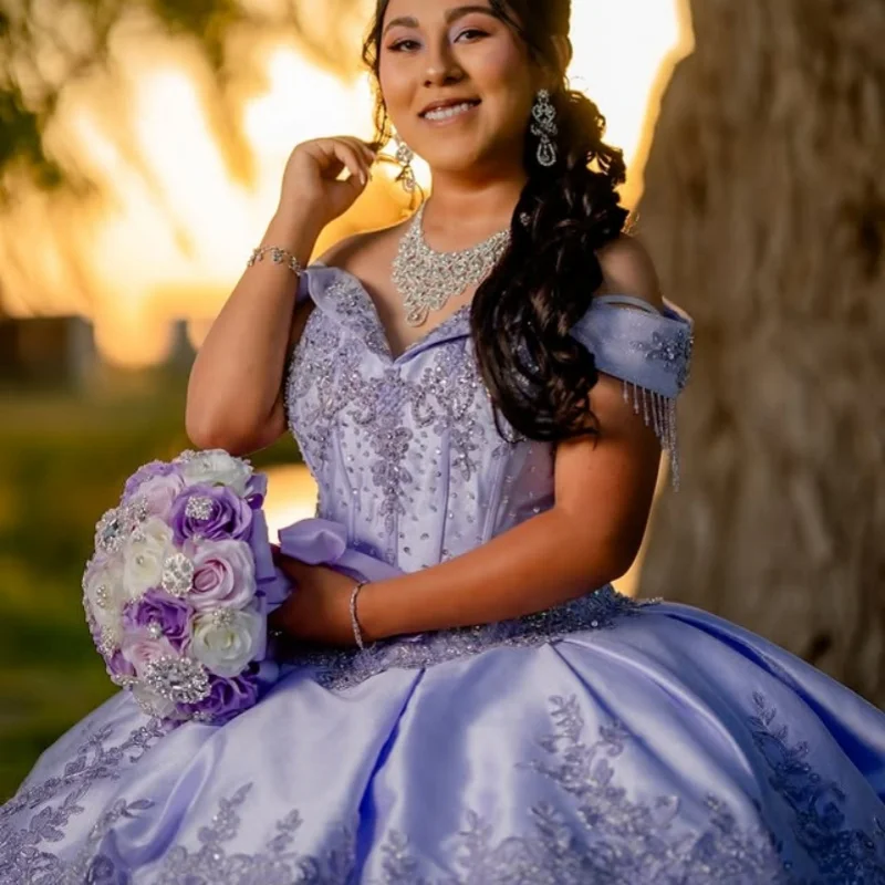 

Customized Purple Quinceanera Dresses Off the Shoulder glitter decal crystal Long tail layering Vestido 15 Quinceanera