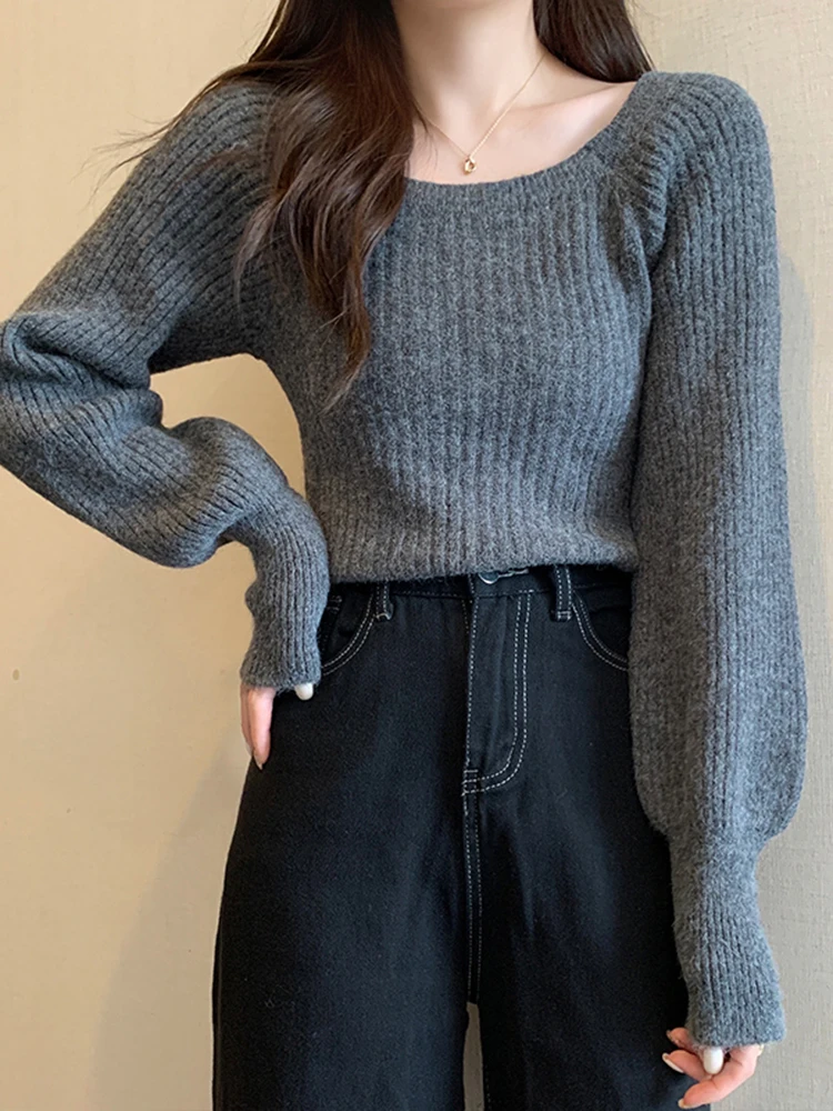 Herbst Winter Lose Frauen Pullover Casual Weiche Lange Puff Sleeve Pullover Jumper Strickwaren Grundlegende Pullover Für Frauen Tops – Detail 15