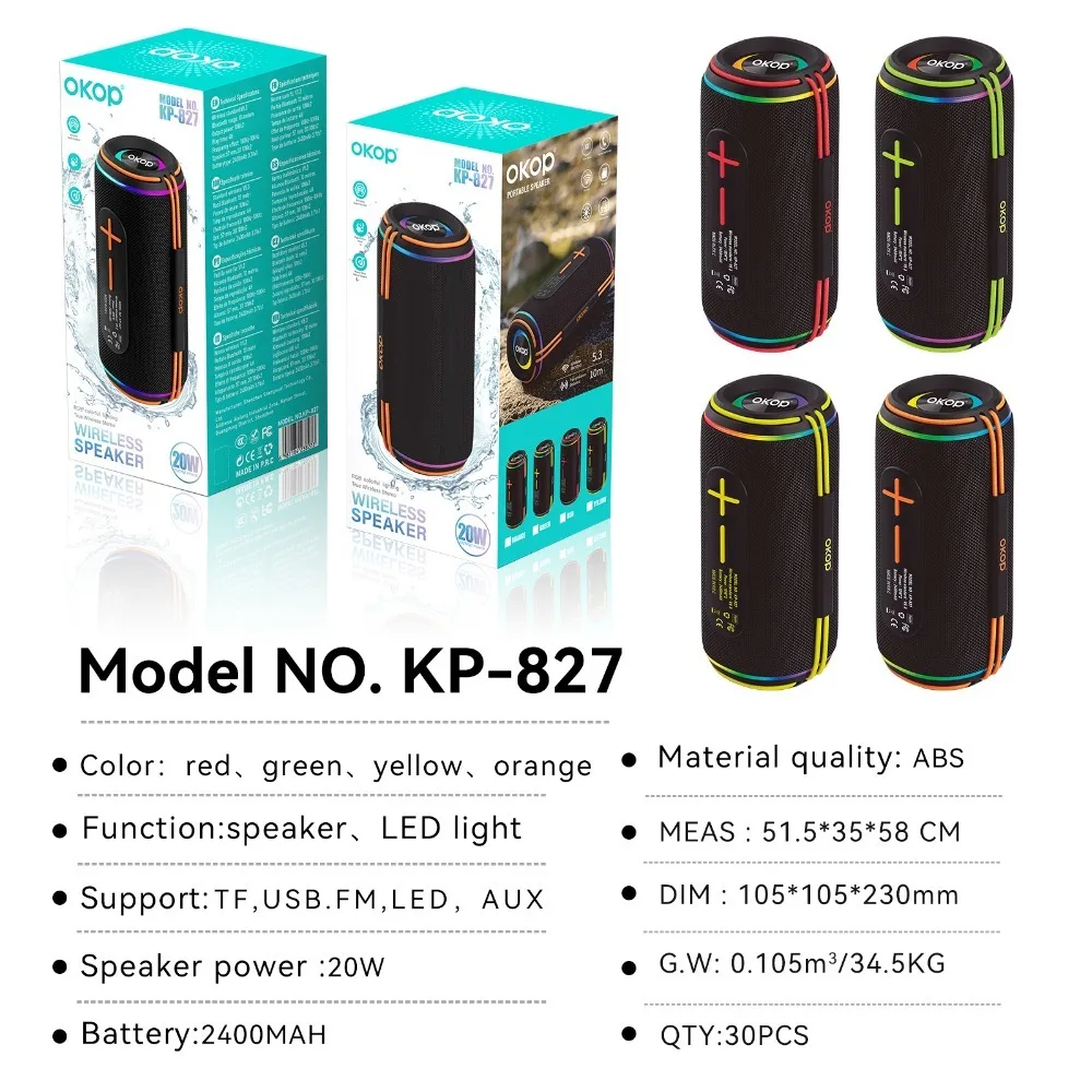 OKOPwireless مكبر صوت بخاصية البلوتوث في الهواء الطلق المحمولة الثقيلة باس ستيريو عالية الطاقة المزدوج المتكلم مضخم الصوت التخييم حفلة TF USB BLLUITUСССПКК