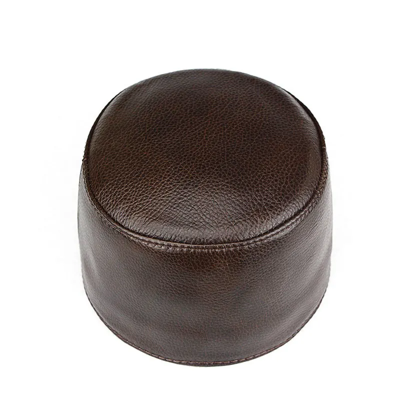 Leather Basin Hat for Man Branded Winter Retro Flat Top Genuine Cowhide Bucket Caps Male Black Brown Skull Cap Bone Masculino