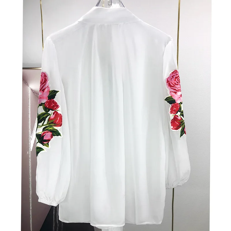 2022 Spring Summer France Style Women's Puff Sleeves Bowtie Floral Print White Shirts F118