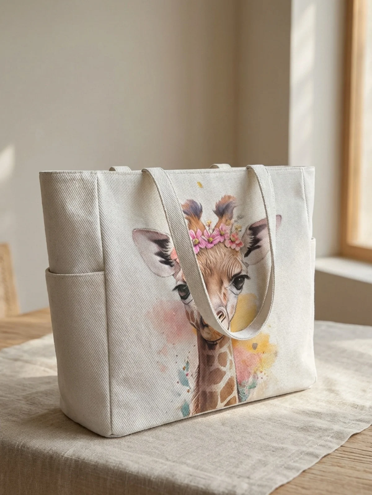 

Женская сумка большой вместимости с принтом жирафа, холщовая сумка через плечо, повседневная сумка для поездок на работу и шопинга.