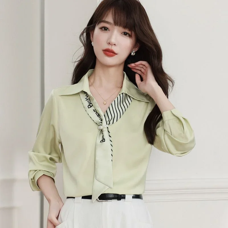 

Women's Tie Matcha Green Design Shirt Spring Autumn Silk Scarf Satin Long-sleeved
