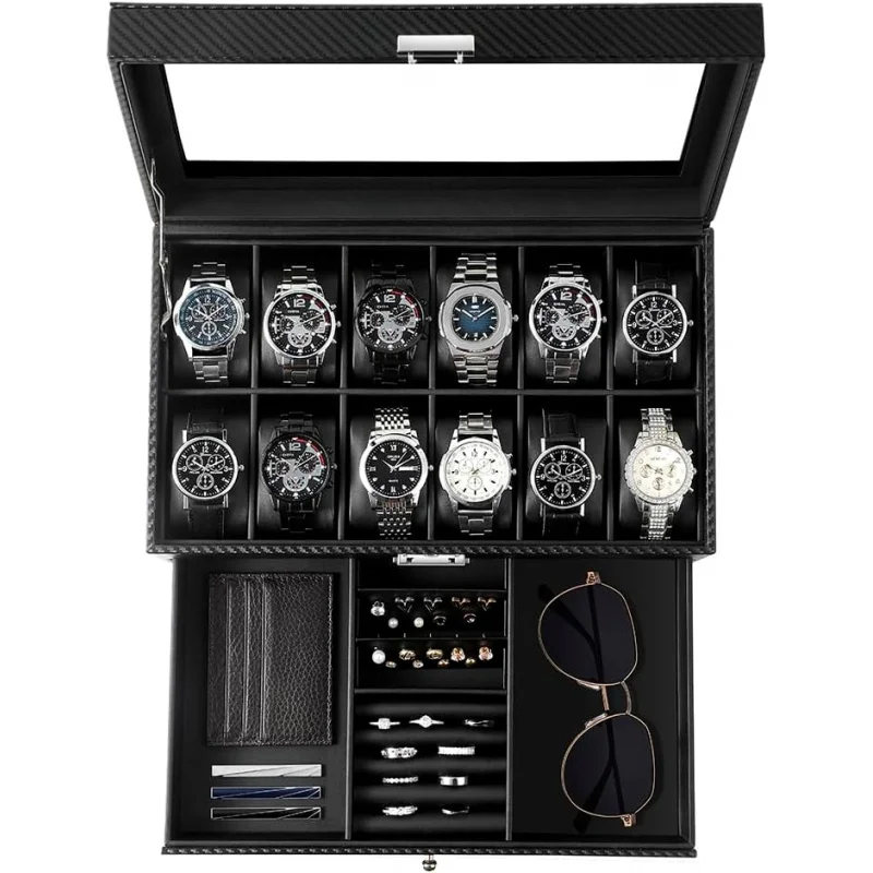 12-Slot Watch Organizer – Real Glass Top Synthetic Leather Watch & Jewelry Storage Case