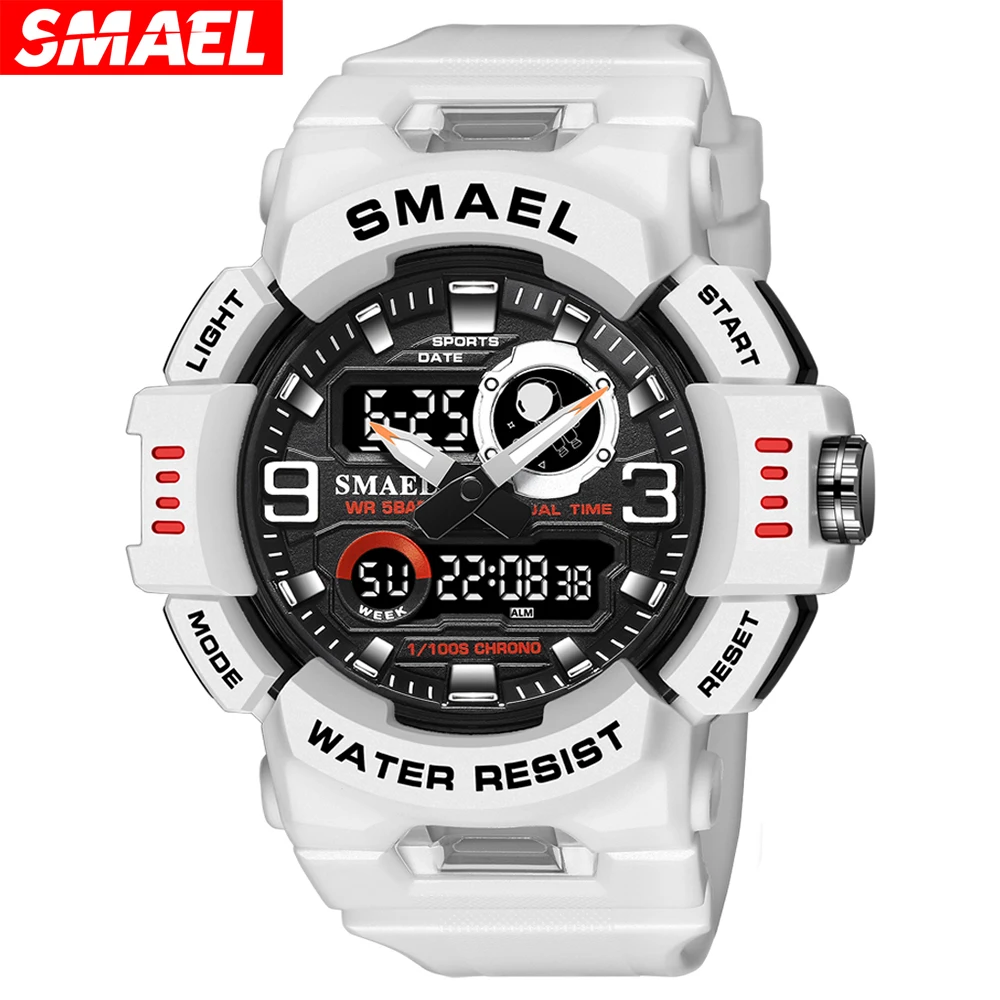 SMAEL Sport Watch for Men LED Light Alarm Digital Clock Dual Time Display Auto Date Backlight Youth Quartz Wristwatches Male