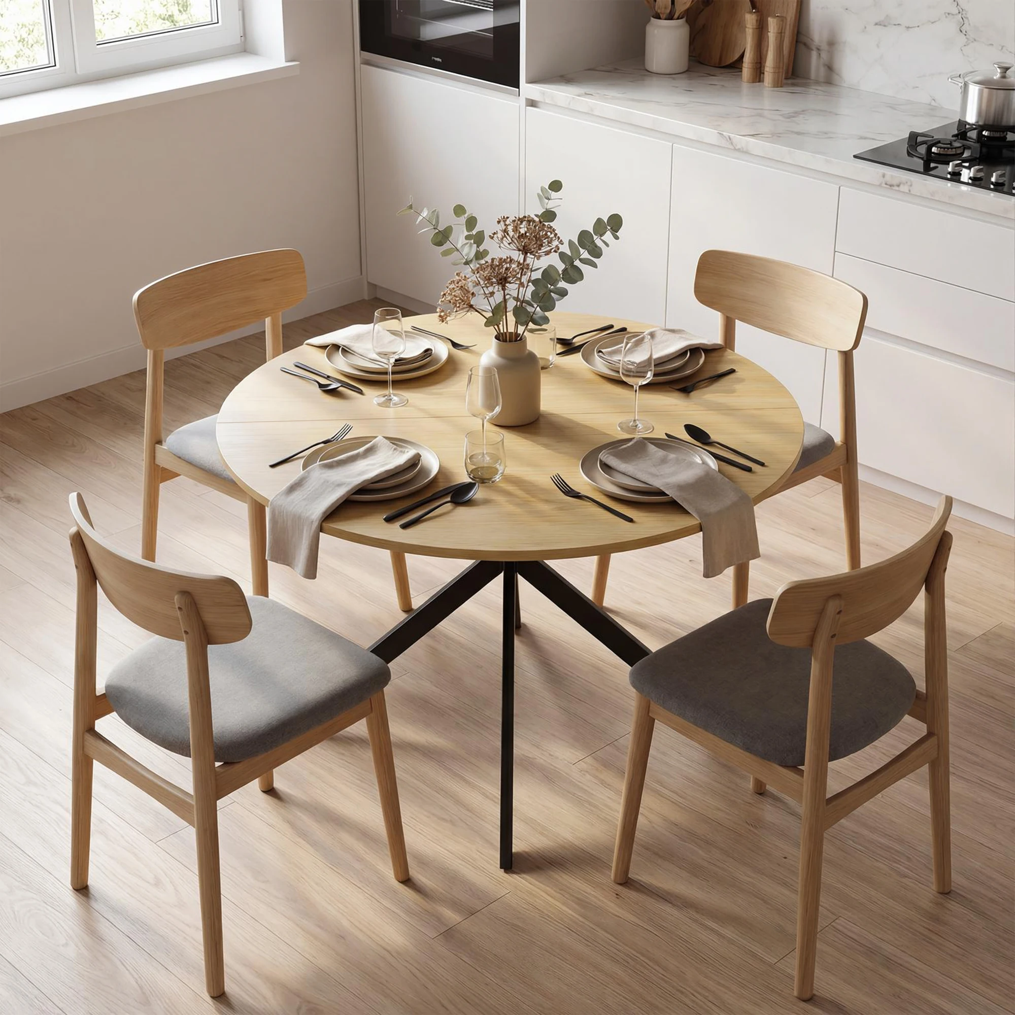 Afbeelding 3: Ronde eettafel voor 4 personen, keukentafel in industriële stijl met stalen poten, voor eetkamer, keuken, eikenhout