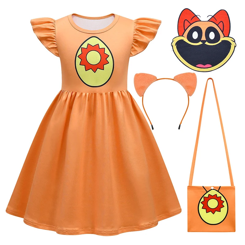 Cosplay de desenhos animados para crianças, Dólares sorridente, Vestido Gato Roxo, Smile Catnap, Baby Girl Sundress Plus Bag