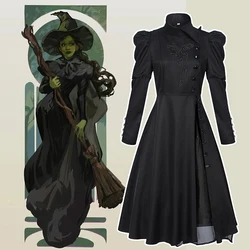 Wicked Witch Elphaba Cosplay Fantasia Costume Disguise for Women Black Dress Hat Witch Roleplay Outfits Halloween Carnival Suit