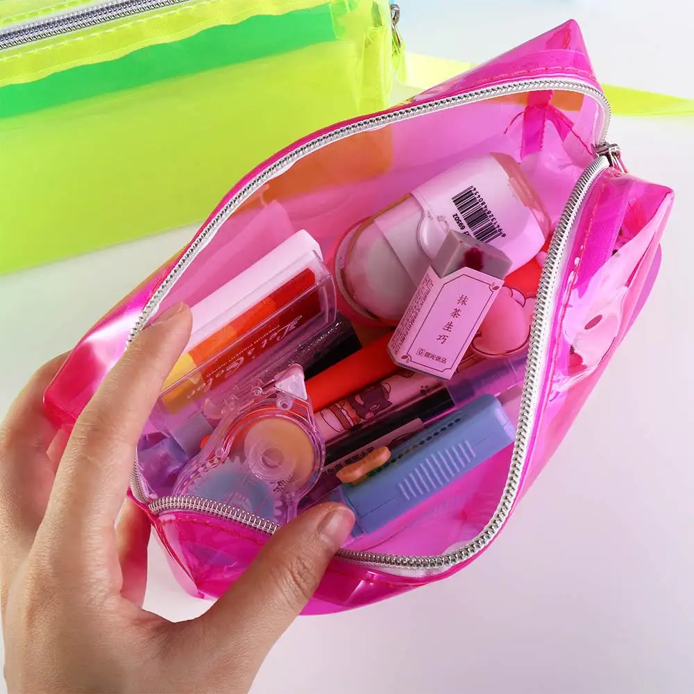 Perlengkapan Sekolah Tas Alat Tulis Neon Transparan Tas Tempat Pena Kuas Lukis Tas Kosmetik Tempat Pensil Tempat Penyimpanan Pena