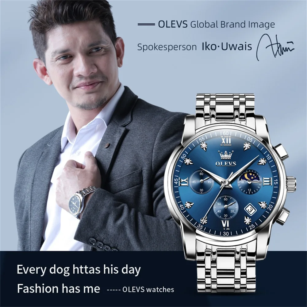 OLEVS Men\'s Watches Classic Fashion Multifunctional Chronograph Original Quartz Wristwatch Wateproof Luminous Moon Phase Date