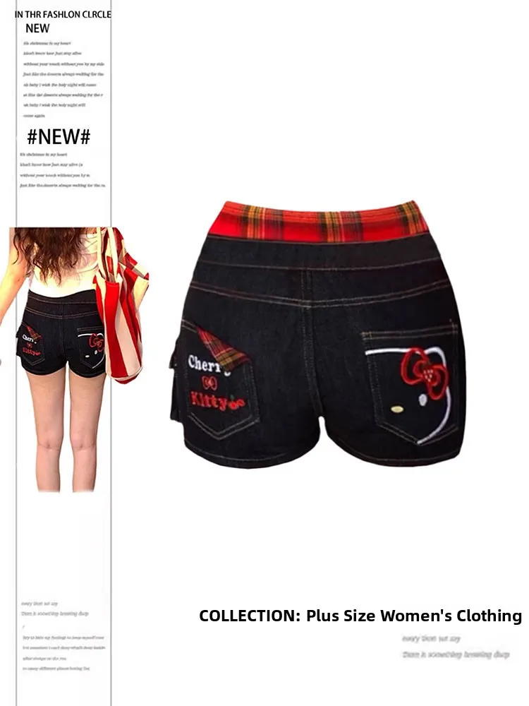 

Джинсовые брюки в клетку с высокой талией и вышивкой, женские летние тонкие брюки Bla для похудения, маленькие размеры, пряные шорты, повседневные брюки...