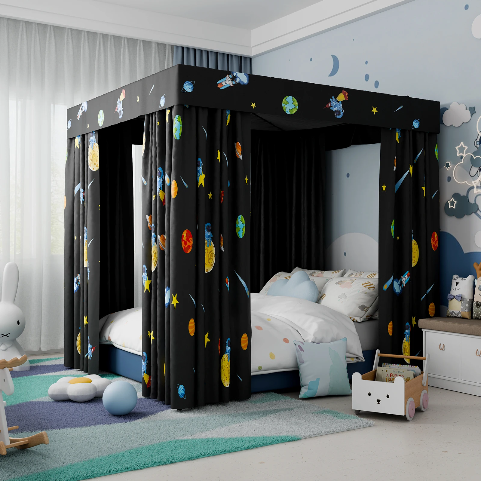 Queen/Twin Unique printing design Four Corner Post Canopy Bed Curtains Sheer Canopy for boys Girls Bedroom Decoration Windproof
