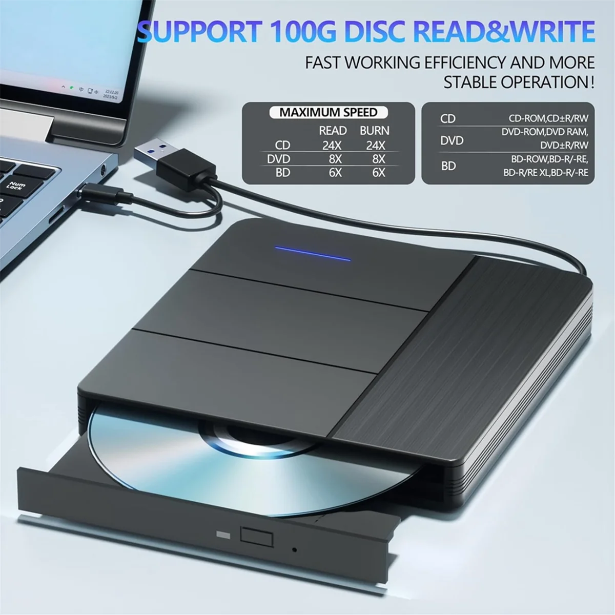 محرك بلو راي خارجي AT59 7 في 1، قرص دعم R/W BD DVD مشغل أقراص مضغوطة، شعلة محمولة USB3.0 SD/TF فتحة بطاقة