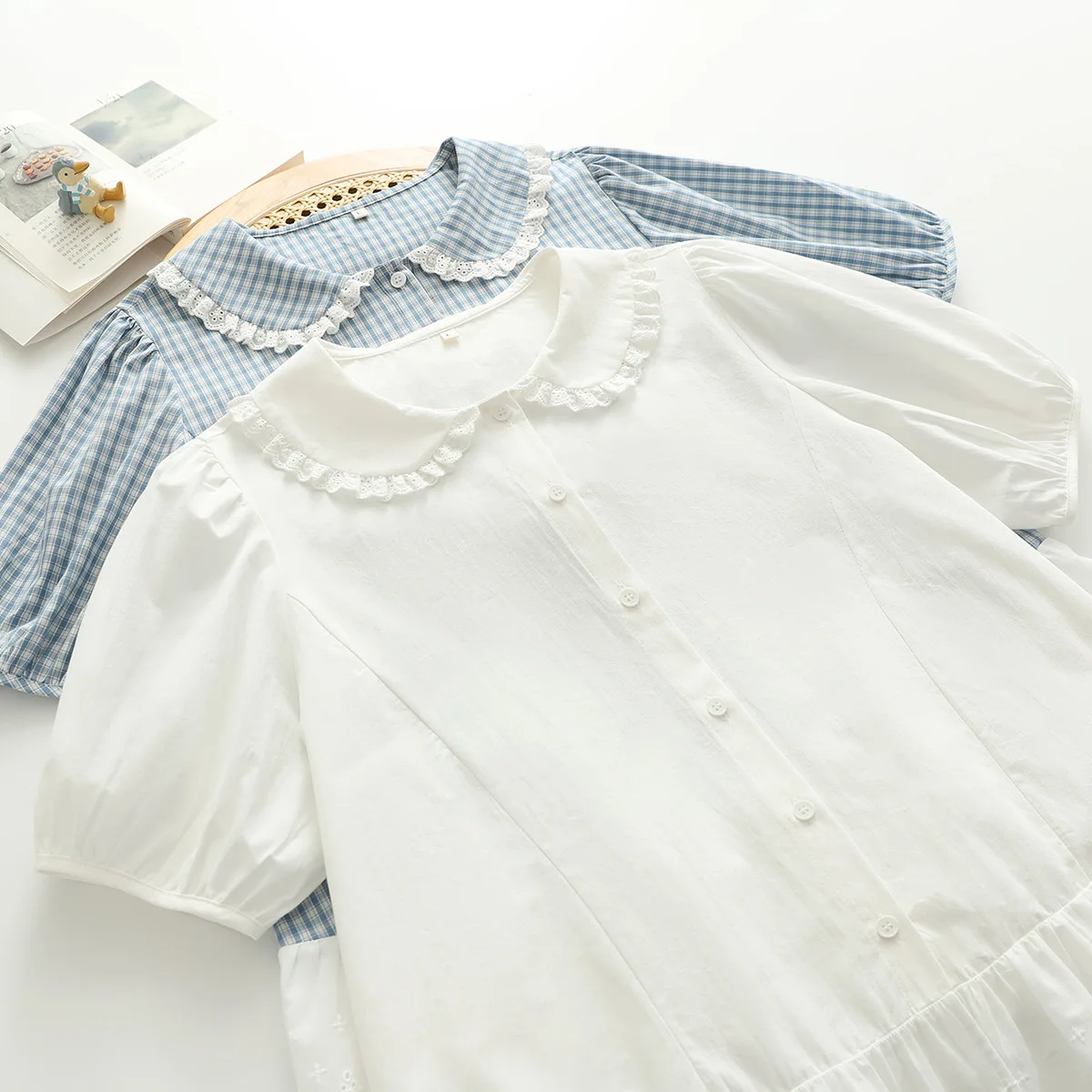 

Japanese Forest Style Shirt Women's Lace Plaid Patchwork Short Sleeve Tops Girls' Loose Sweet Summer Shirt Wholesale S175