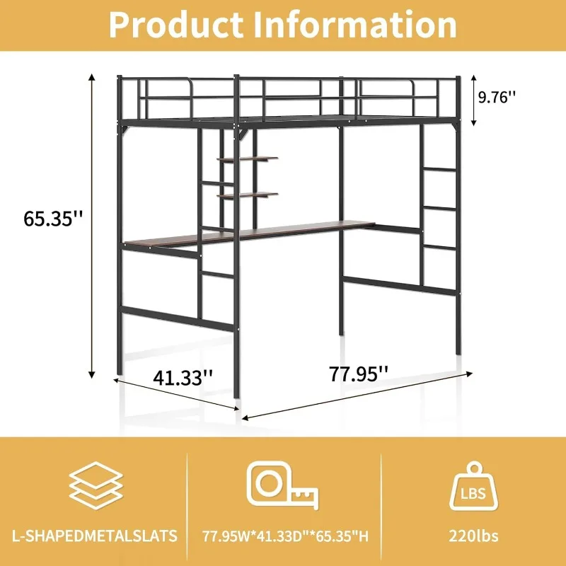 Cama alta de tamanho duplo com mesa, estrutura de cama loft de metal multifuncional, economia de espaço, cama de casal para crianças, beliche