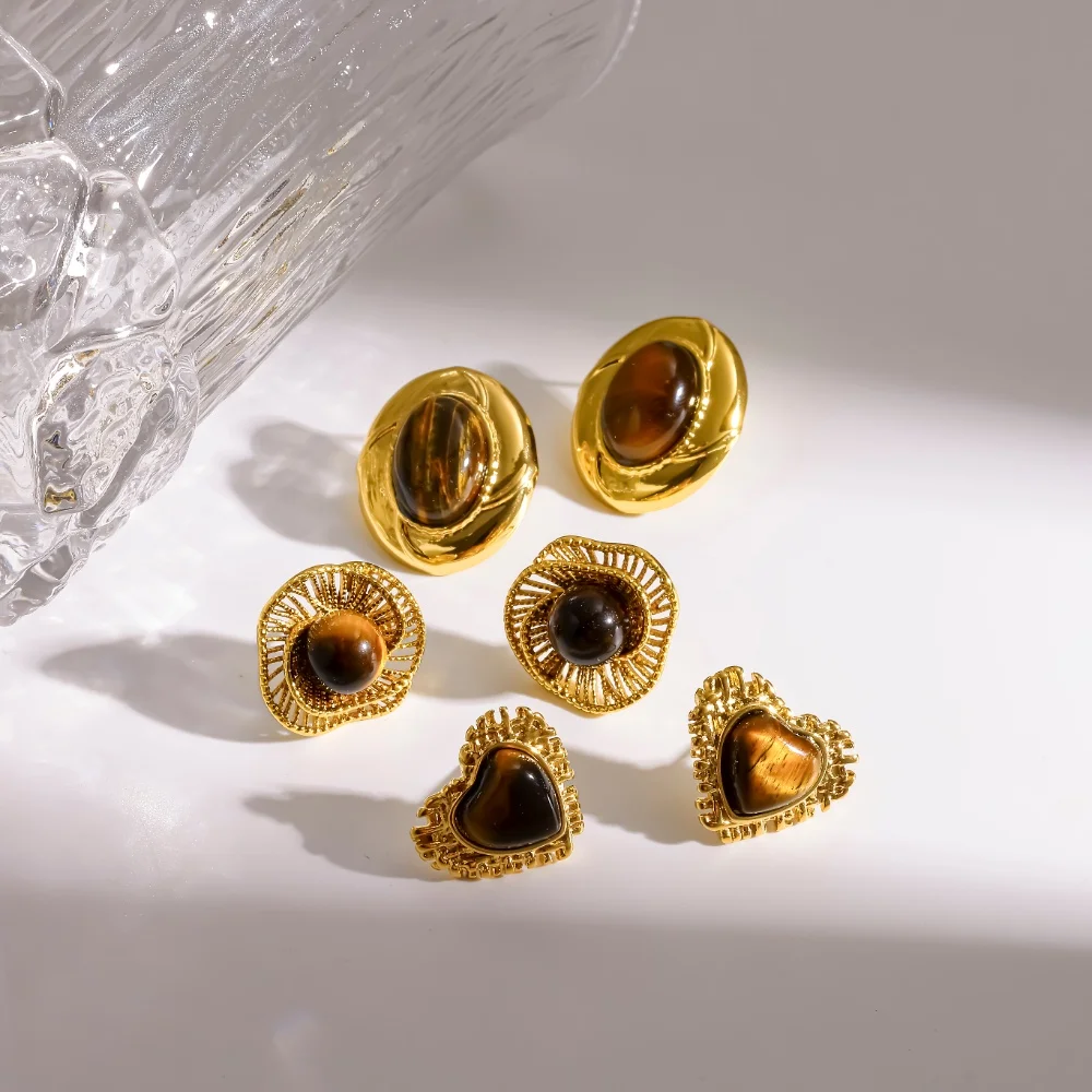 Geometrische Herzförmige Naturstein-Tigerauge-Ohrringe für Damen, Wasserdichte Vergoldete Edelstahl-Ohrstecker, Schmuck – Detail 2