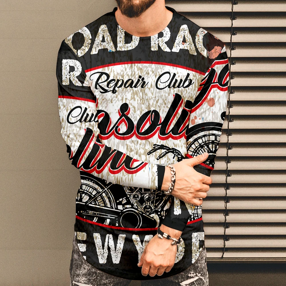 الرجال الربيع والخريف رقيقة موضة الاتجاه إلكتروني طباعة طويلة الأكمام الجولة الرقبة تي شيرت شخصية بلايز الرجال عادية #6