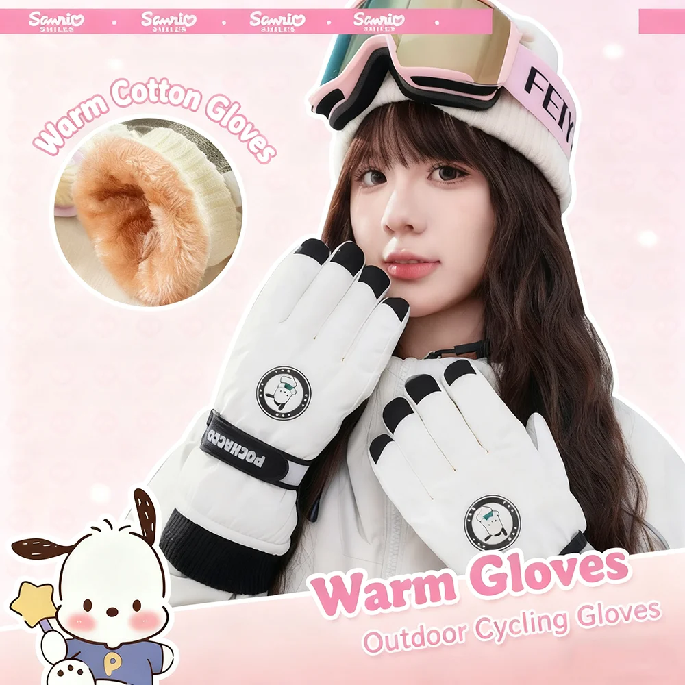 

Sanrio Fashion Ski Gloves Kawaii Winter Thick Velvet Girls Cycling Gloves Warm Cotton Gloves Touchable Screen Anime Figures