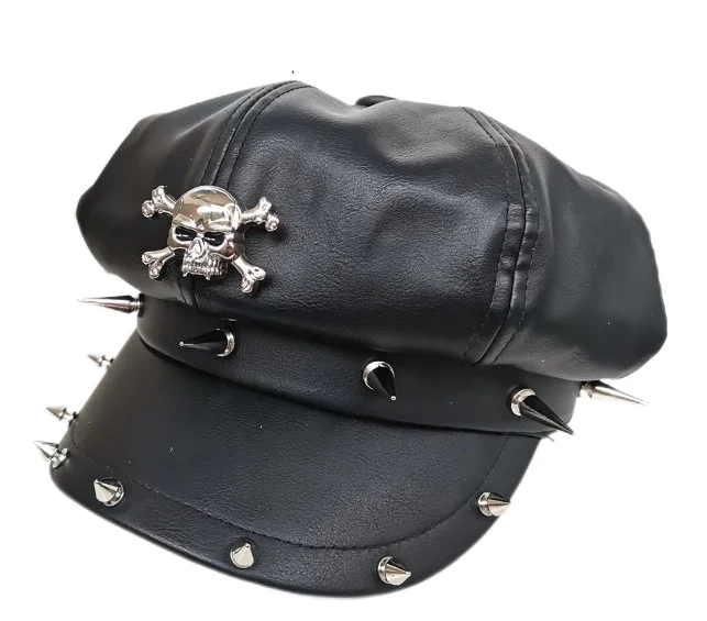 Young Fashion Wild Hat Punk Rock and Roll Beret Leather Cat Long Rivet Casual Short Brim Hat