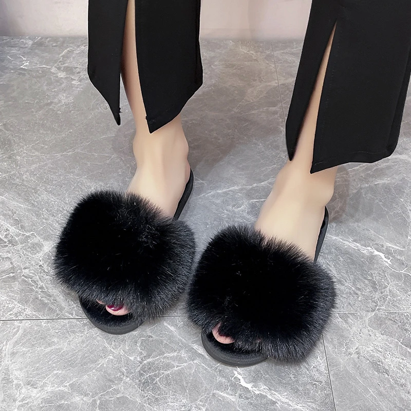 Women\'s Home Slippers Winter Pink Fur Kawaii Flats Furry Elegant Comfortable Soft Shoes for Woman  and Low Price