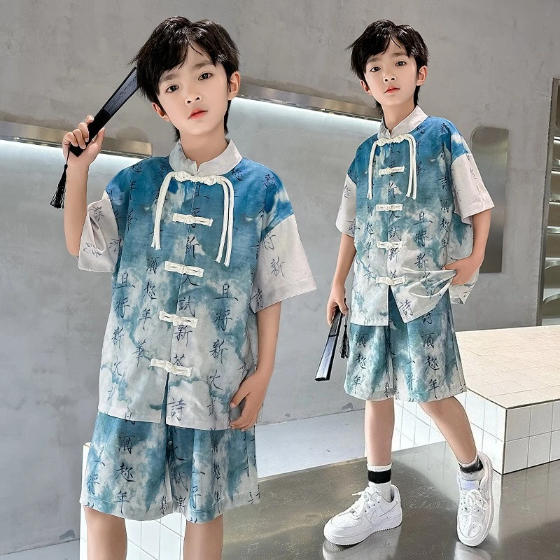 

Модные летние детские комплекты Hanfu для мальчиков, повседневный костюм Тан с короткими рукавами, одежда для мальчиков-подростков, топы, шорты, костюм, детская одежда