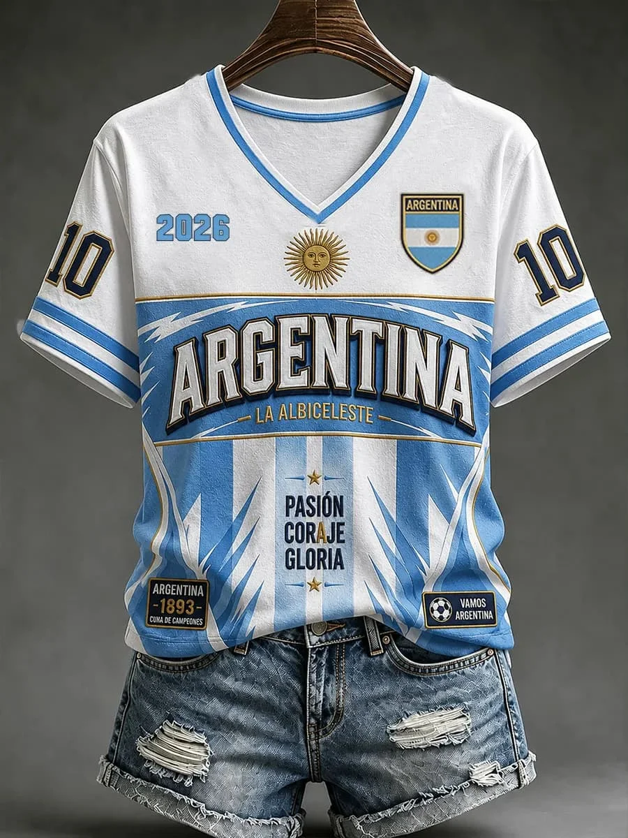 Maillot de football Argentine 2026 pour femme – T-shirt de sport respirant à manches courtes avec imprimé national – T-shirt décontracté pour fan de football